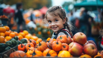 Fototapeta premium A smiling young girl peeks out from behind a pile of pumpkins at a fall market.