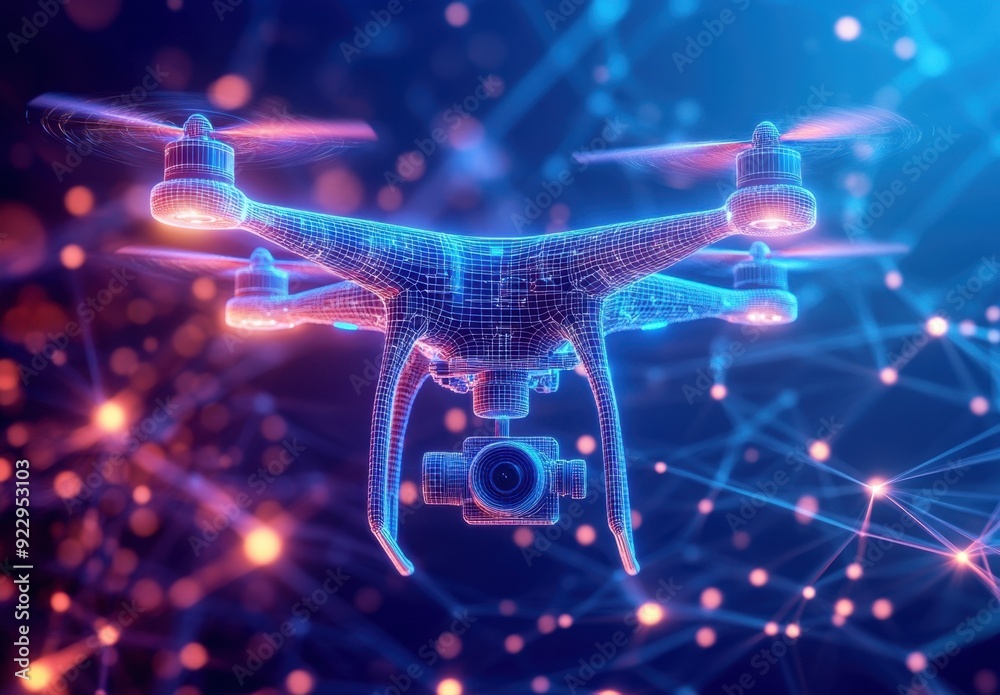 Wall mural a futuristic drone with patterns and visualization lines flying in the air with a camera, wireframe 