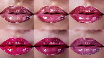 Obraz premium Six close-up images of lips with different shades and finishes of lipstick, ranging from nude to deep berry, showcasing various makeup looks.