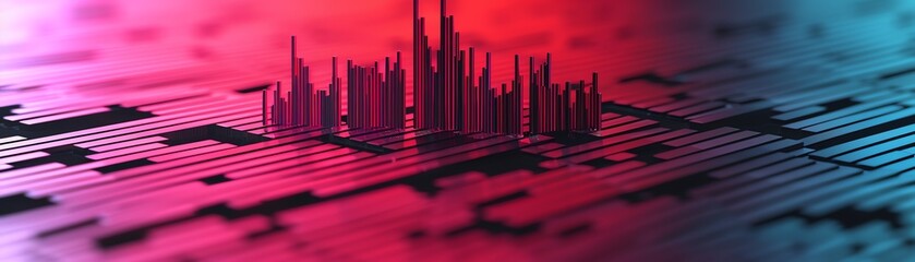 Abstract city skyline with neon lights and digital textures.