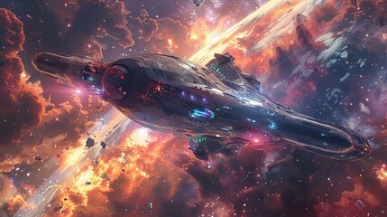 Futuristic Spaceship Flying Through a Star-Filled Nebula