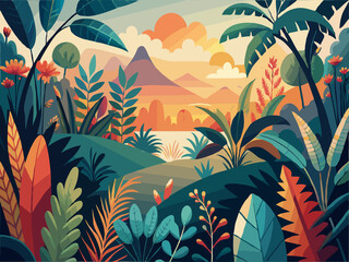sunset in the forest and botanical background boho style.