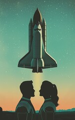 Obraz premium Silhouettes of a couple looking up at a rocket launching into space against a starry night sky.