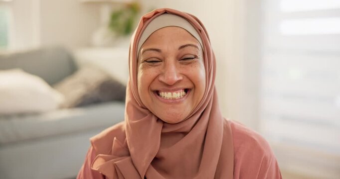 Muslim woman, happy and smile with hijab, home and fashion for islam, face and stylish. Portrait, islamic and beauty with scarf, modest and culture with clothes, elegant and religious outfit