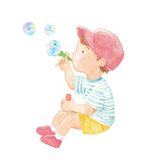 手描き水彩イラスト素材　虹に座りしゃぼん玉を吹く男の子