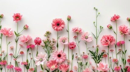 Obraz premium A creative and artistic arrangement of pink flowers on a white background.