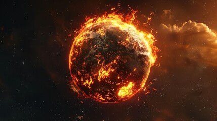 A Fiery Planet Engulfed in Flames Against a Starry Sky