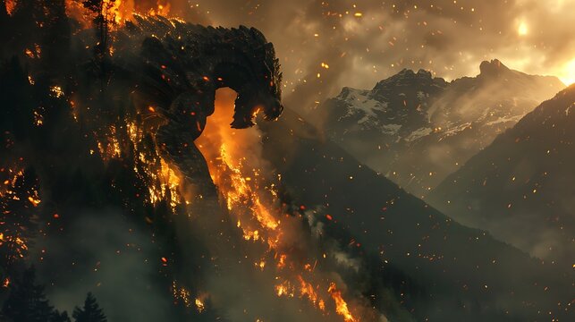 Wild monster rampaging through the mountains setting trees on fire and causing landslides with frightened women and children seeking refuge in a nearby village