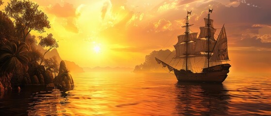 Fototapeta premium Silhouetted Sailboat at Sunset
