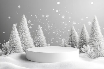 White podium with fir trees and falling snow. Display for winter holidays, New Year and Christmas product presentation with generative ai