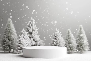 Fototapeta premium White podium with fir trees and falling snow. Display for winter holidays, New Year and Christmas product presentation with generative ai