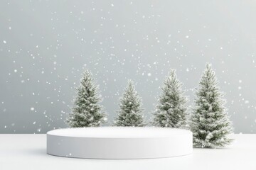 White podium with fir trees and falling snow. Display for winter holidays, New Year and Christmas product presentation with generative ai