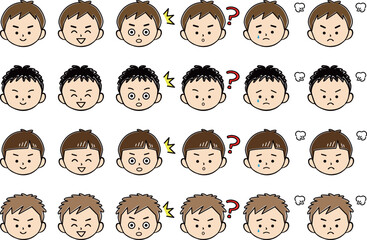 複数の男の子の色々な表情アイコンセット(カラー)