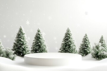 Obraz premium White podium with fir trees and falling snow. Display for winter holidays, New Year and Christmas product presentation with generative ai