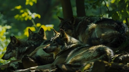 Obraz premium Wolf pack resting in the shade of a dense forest during the heat of the day their eyes alert and ears pricked ready to respond to any signs of prey or danger