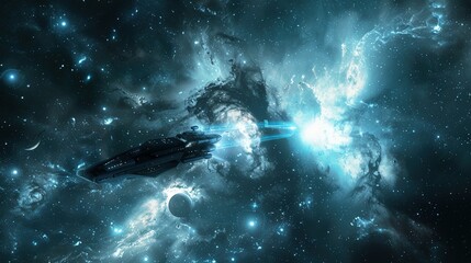 Obraz premium Spaceship Traveling Through a Star-Filled Nebula