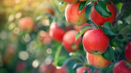 Ripe red apples ready for harvest in orchard with selective focus on fresh fruit