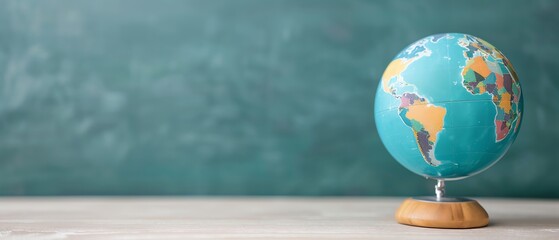Globe on wooden stand against green chalkboard background.