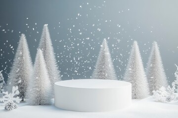 White podium with fir trees and falling snow. Display for winter holidays, New Year and Christmas product presentation with generative ai