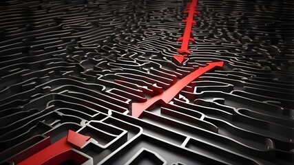 An intricate black maze with a red arrow guiding it, signifying conquering challenges and coming up with answers