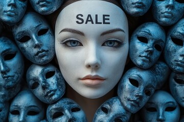 White mask with a sale written on it, Sale discount concept