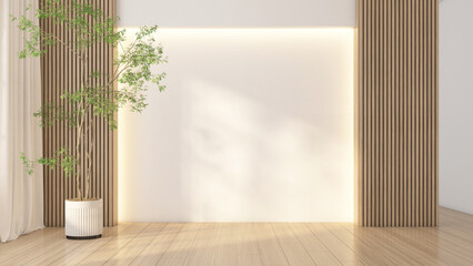 Modern japan style empty room decorated with white wall and wood slat wall. 3d rendering