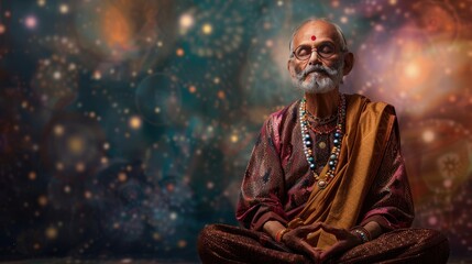 Fototapeta premium Elderly man in traditional attire meditates peacefully with a colorful cosmic backdrop