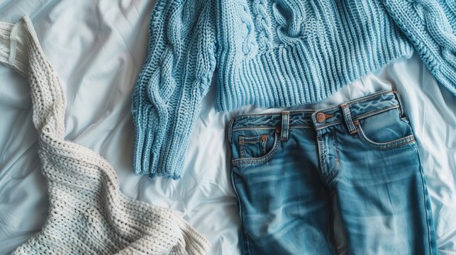 Top view of women s blue knit sweater and jeans on bed with empty space for text placement - Powered by Adobe