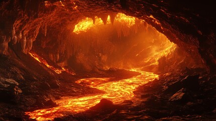 A fiery river of lava flows through a dark cave with stalactites hanging from the ceiling.