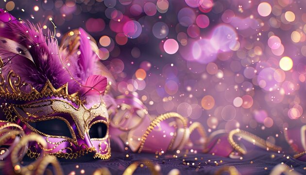 A purple and gold masquerade mask with feathers lies on a dark purple background with bokeh lights.