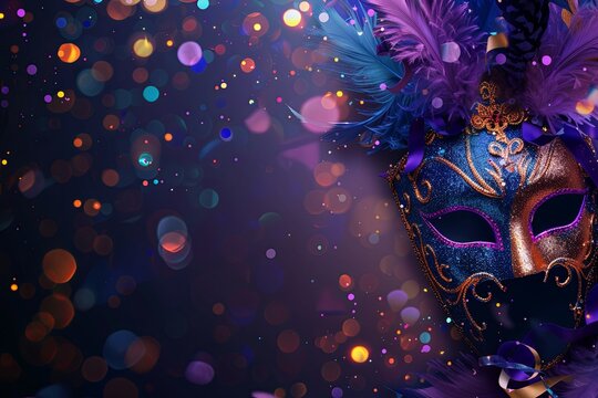 A masquerade mask with purple and blue feathers, set against a dark backdrop of bokeh lights and glittering confetti.