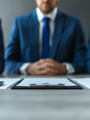 Closeup of clipboard with businessman in background.