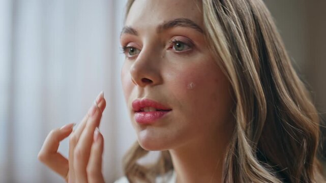 Closeup satisfied lady pampering cheeks enjoying beauty routine at bath room