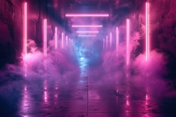 Obraz premium Glowing neon lights illuminate a smoky concrete corridor.