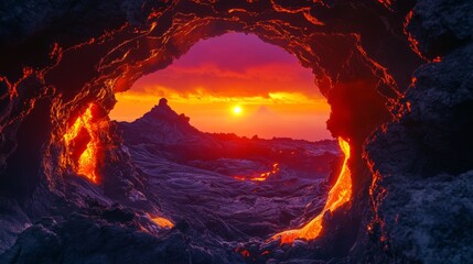 Fototapeta premium A volcanic landscape with molten lava flowing through a rock formation, framing a vibrant sunset with a mountain in the distance.