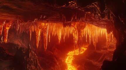Lava flowing through a fiery cave with glowing stalactites hanging from the ceiling.