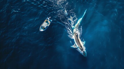 Aerial view of a great white shark circling a small boat in the deep blue ocean the contrast between the predator and its environment stark and dramatic