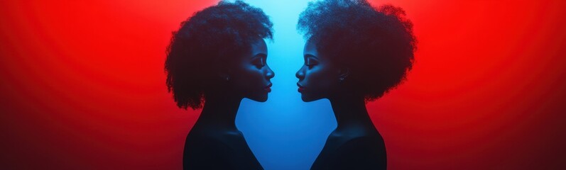 Two women facing each other with their faces in the same picture, Banner, Copy space, Creative portrait