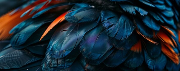 Fototapeta premium Close up of blue and orange feathers, texture background.