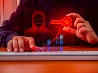 Scammer scam, digital identity theft, cybercrime online concept. Digital red keys on cyber grid...