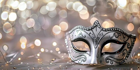 A silver masquerade mask with rhinestones on a background of blurry lights.