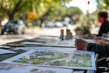 An urban planning meeting with visual aids showing proposed changes to city infrastructure, Generative AI