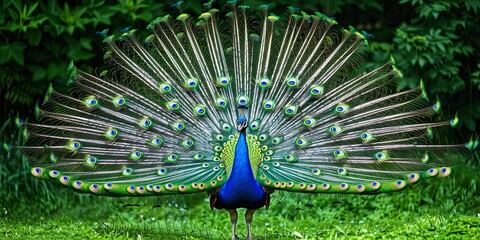 Obraz premium A peacock with its tail feathers spread out in a fan shape, displaying its vibrant colors and intricate patterns.