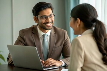 Fototapeta premium An Indian financial planner, providing advice or discussing financial plans with a client, usually shown in a professional setting. 