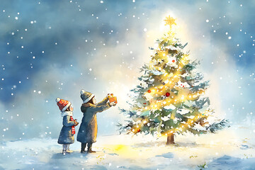 Watercolor illustration of children decorating a glowing Christmas tree outside on a snowy evening, capturing the festive holiday spirit.
