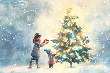 Children Decorating Christmas Tree in Snow