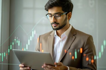 An Indian investor, analyzing cryptocurrency charts or digital assets, often depicted with futuristic or digital elements.
