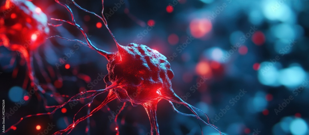 Poster a group of cells resembling neurons with visible connections inside the nervous system, representing