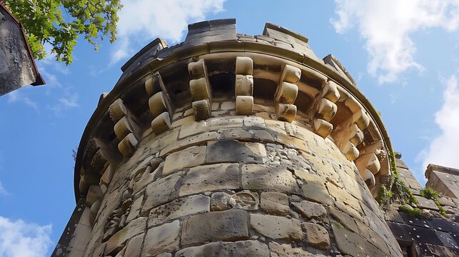An ancient tower with an imposing limestone parapet