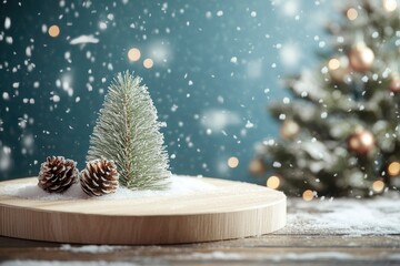 Winter podium, wooden display with fir tree and falling snow. Festive showcase, winter and holidays concept with generatiev ai